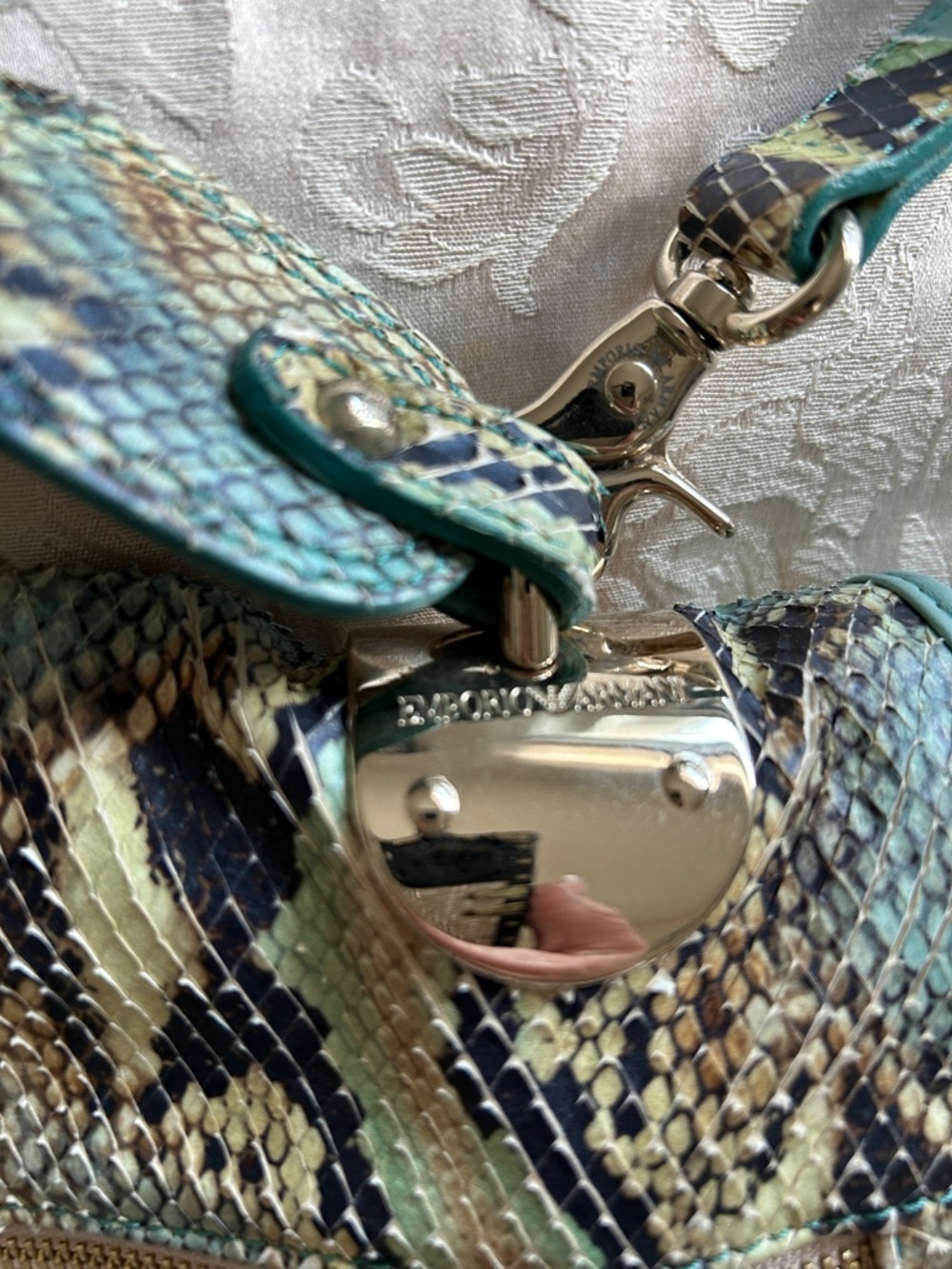 7029. Emporio Armani Mint, Black and Tan Genuine Snakeskin Shoulder Bag - Picture 4 of 12